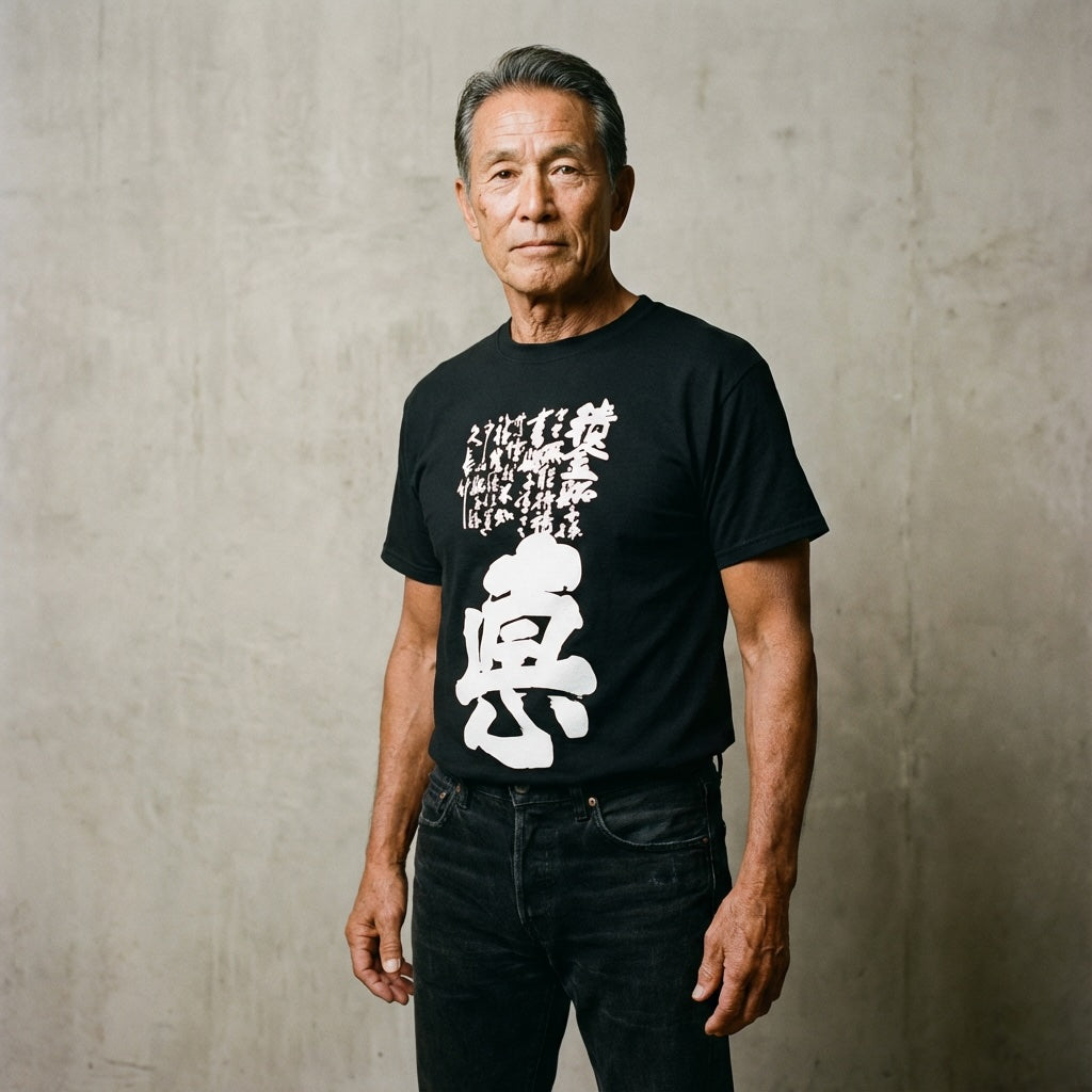 Man wearing a black t-shirt with white graphic design against a plain background