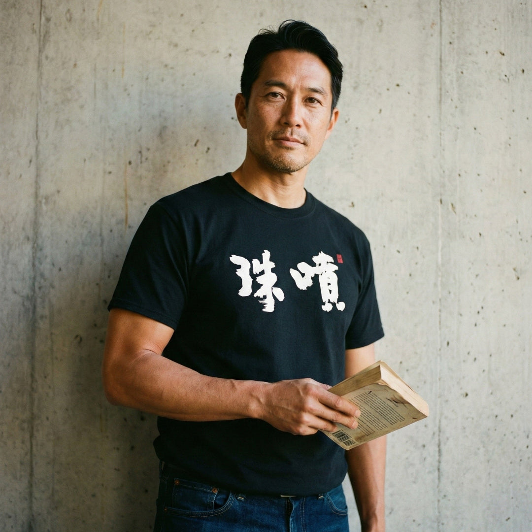 Man wearing a black t-shirt with white text, holding a book against a textured wall.